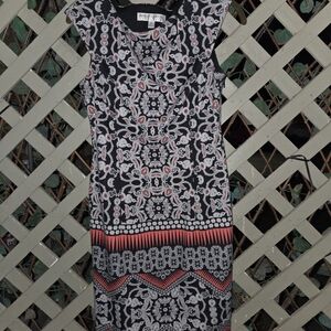 Maggy London Black and Pink Patterned Midi Dress